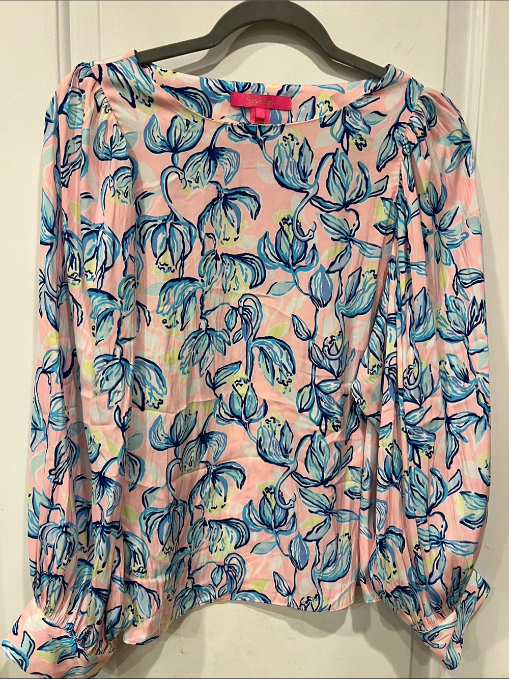 Lilly Pulitzer Pink Floral Blue Print Long-Sleeve Blouse